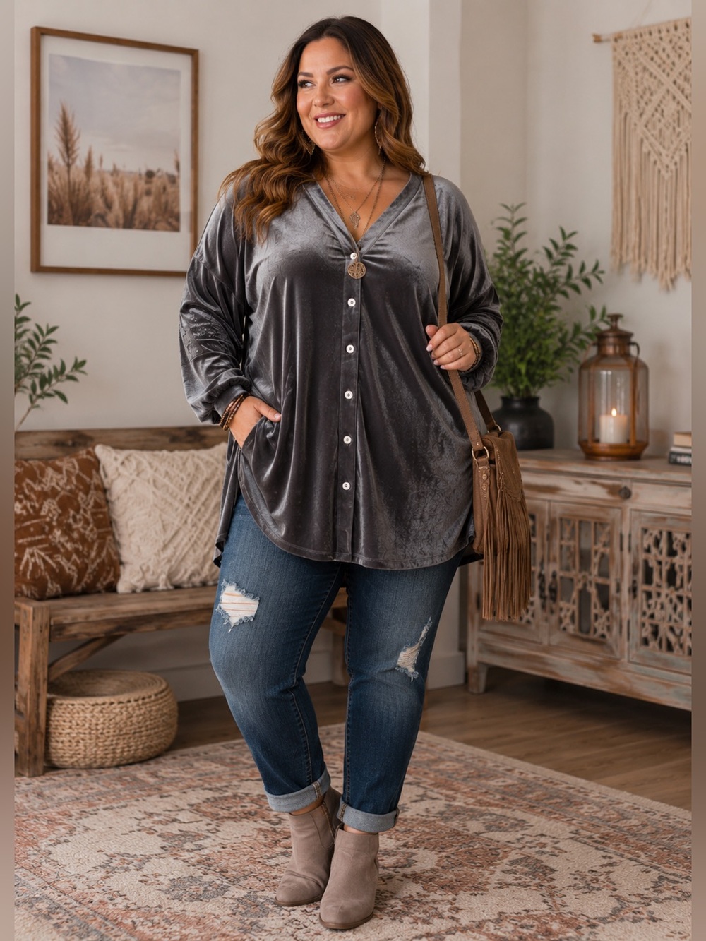 Weekend by Suzanne Betro Elegant Gray Velvet Button Down Tunic Shirt Size 1X